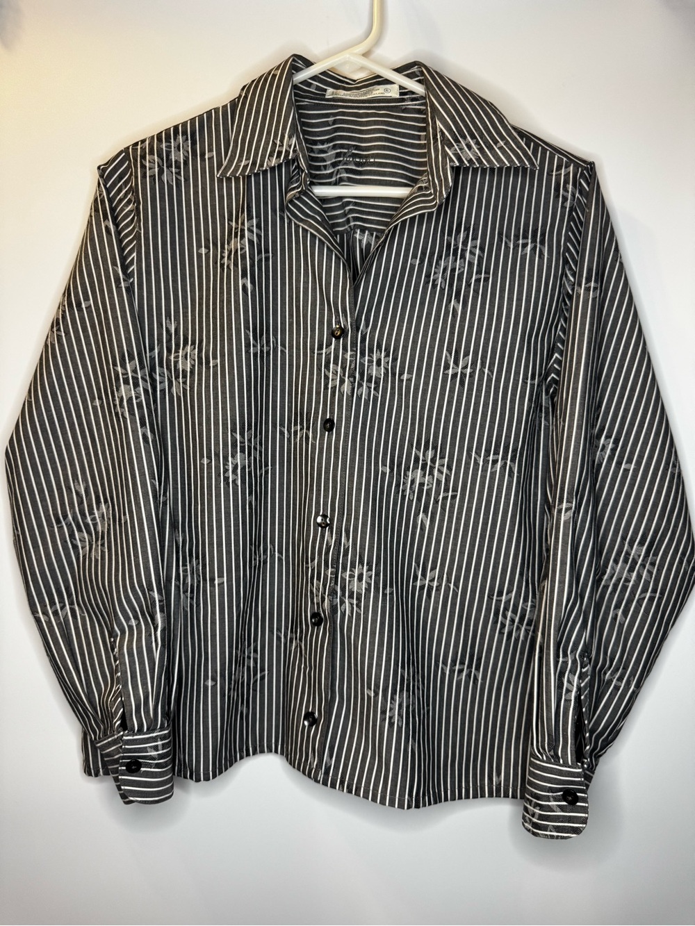 Foxcroft Black and White Striped Button-Down Shirt